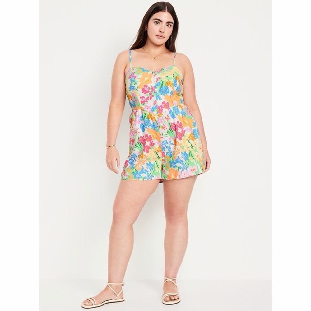 NWT Old Navy Fit and Flare Colorful Floral Linen Blend Romper - Picture 2 of 13